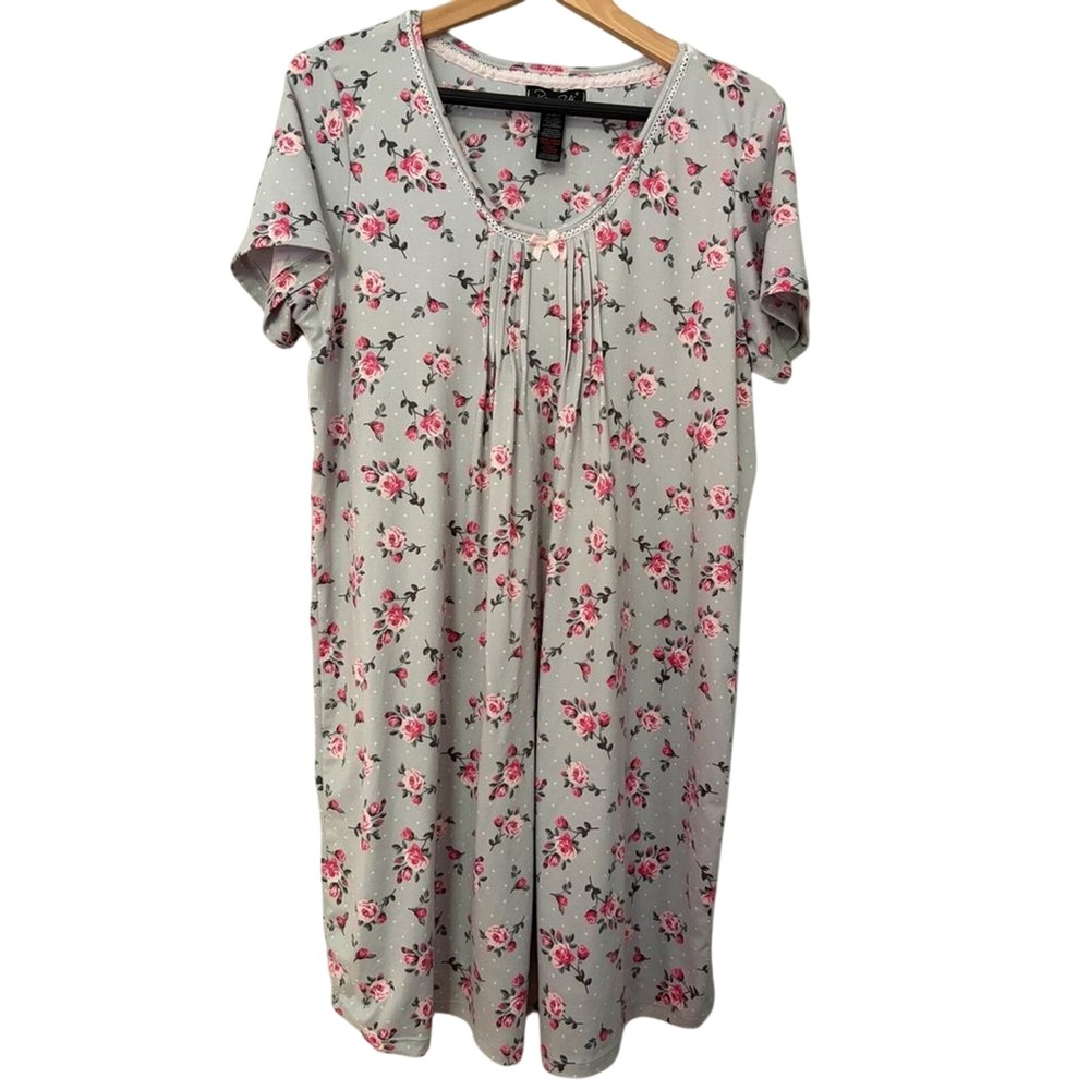Rene Rofe Light Gray Short Sleeve Large Nightgown Pink Rose Print Sleepwear